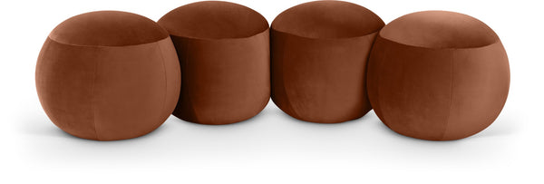 Meridian Furniture Apollo Art Deco Cognac Velvet Upholstered Bench with Sculptural Circular Cushion Detail 22094Cognac
