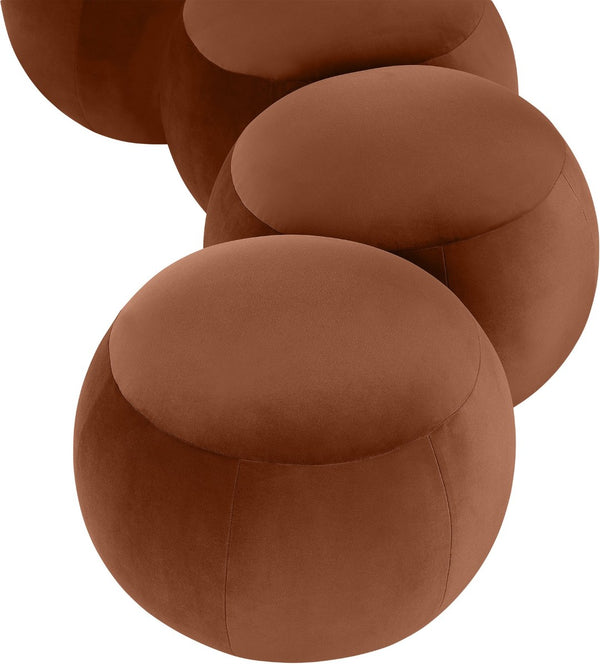Meridian Furniture Apollo Art Deco Cognac Velvet Upholstered Bench with Sculptural Circular Cushion Detail 22094Cognac