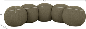 Meridian Furniture Apollo Art Deco Boucle Upholstered Bench with Sculptural Circular Cushion Detail 22095Olive