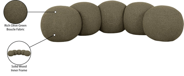 Meridian Furniture Apollo Art Deco Boucle Upholstered Bench with Sculptural Circular Cushion Detail 22095Olive