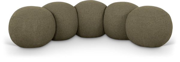 Meridian Furniture Apollo Art Deco Boucle Upholstered Bench with Sculptural Circular Cushion Detail 22095Olive