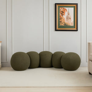 Meridian Furniture Apollo Art Deco Boucle Upholstered Bench with Sculptural Circular Cushion Detail 22095Olive