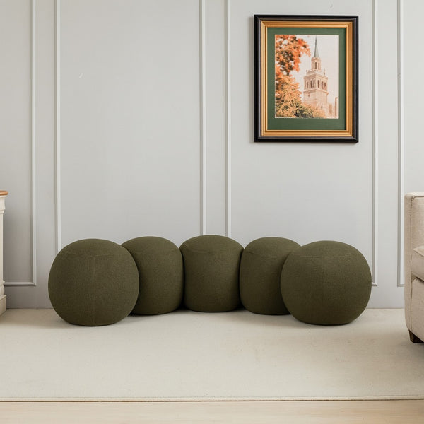 Meridian Furniture Apollo Art Deco Boucle Upholstered Bench with Sculptural Circular Cushion Detail 22095Olive