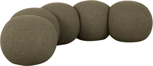 Meridian Furniture Apollo Art Deco Boucle Upholstered Bench with Sculptural Circular Cushion Detail 22095Olive