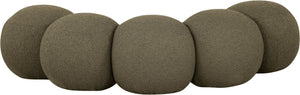 Meridian Furniture Apollo Art Deco Boucle Upholstered Bench with Sculptural Circular Cushion Detail 22095Olive