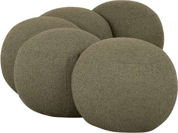 Meridian Furniture Apollo Art Deco Boucle Upholstered Bench with Sculptural Circular Cushion Detail 22095Olive