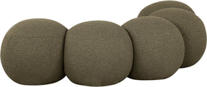 Meridian Furniture Apollo Art Deco Boucle Upholstered Bench with Sculptural Circular Cushion Detail 22095Olive