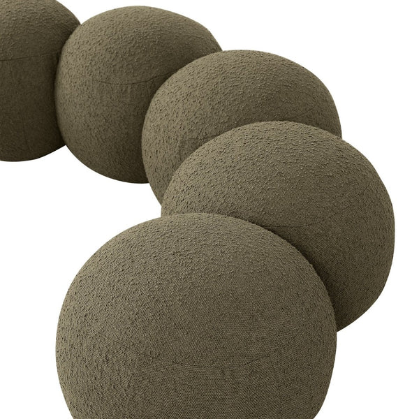 Meridian Furniture Apollo Art Deco Boucle Upholstered Bench with Sculptural Circular Cushion Detail 22095Olive
