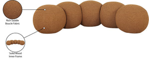 Meridian Furniture Apollo Art Deco Boucle Upholstered Bench with Circular Cushion Detail for Entryways 22095Saddle