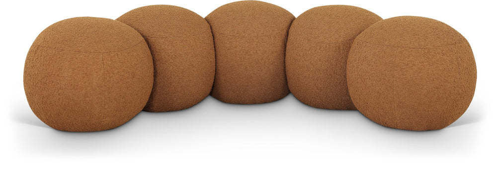 Meridian Furniture Apollo Art Deco Boucle Upholstered Bench with Circular Cushion Detail for Entryways 22095Saddle