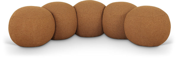 Meridian Furniture Apollo Art Deco Boucle Upholstered Bench with Circular Cushion Detail for Entryways 22095Saddle