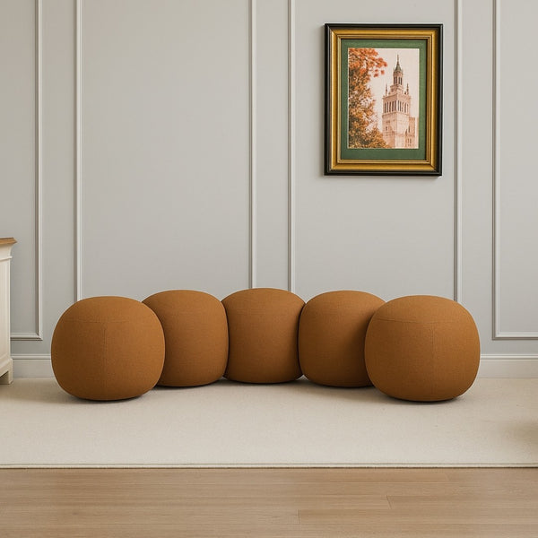 Meridian Furniture Apollo Art Deco Boucle Upholstered Bench with Circular Cushion Detail for Entryways 22095Saddle