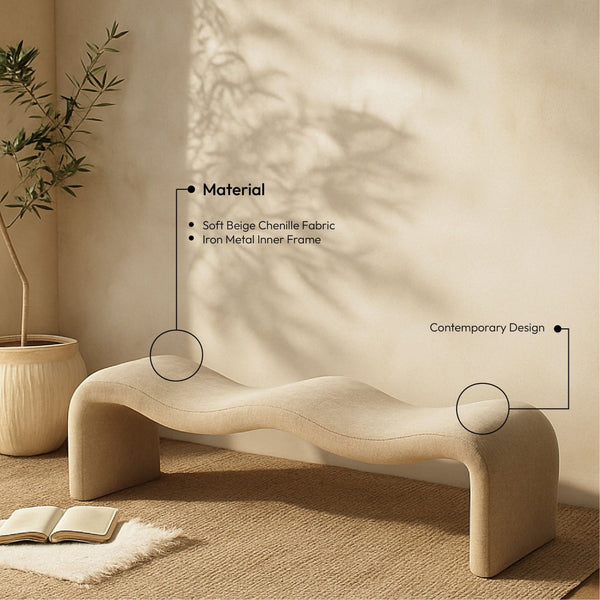 Meridian Furniture Willow Upholstered Bench with Iron Frame for Bedroom Entryway or Living Room Accent Seating Chenille Fabric Beige 22098Beige