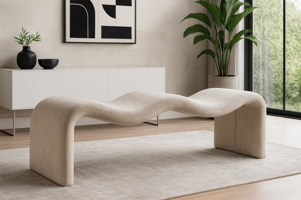 Meridian Furniture Willow Upholstered Bench with Iron Frame for Bedroom Entryway or Living Room Accent Seating Chenille Fabric Beige 22098Beige
