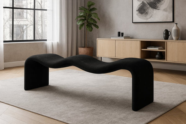 Meridian Furniture Willow Upholstered Bench with Iron Frame for Bedroom Entryway or Living Room Accent Seating Chenille Fabric Black 22098Black