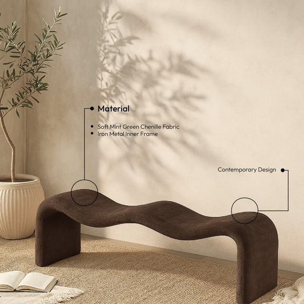 Meridian Furniture Willow Upholstered Bench with Iron Frame for Bedroom Entryway or Living Room Accent Seating Chenille Fabric Brown 22098Brown