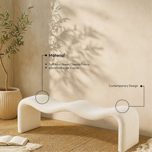 Meridian Furniture Willow Upholstered Bench with Iron Frame for Bedroom Entryway or Living Room Accent Seating Chenille Fabric Cream 22098Cream