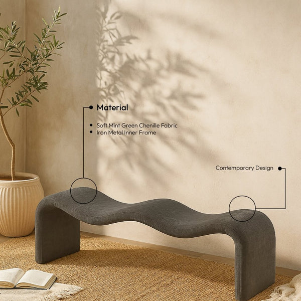 Meridian Furniture Willow Upholstered Bench with Iron Frame for Bedroom Entryway or Living Room Accent Seating Chenille Fabric Grey 22098Grey