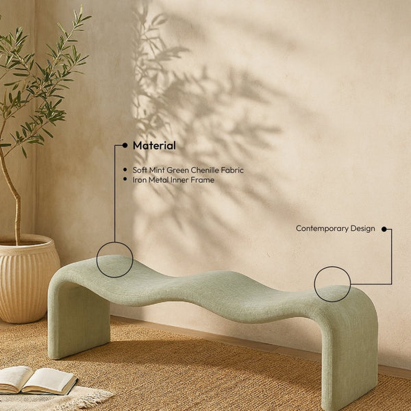 Meridian Furniture Willow Upholstered Bench with Iron Frame for Bedroom Entryway or Living Room Accent Seating Chenille Fabric Mint 22098Mint