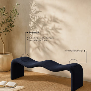Meridian Furniture Willow Upholstered Bench with Iron Frame for Bedroom Entryway or Living Room Accent Seating Chenille Fabric Navy 22098Navy