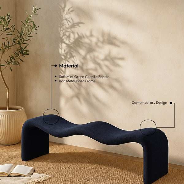 Meridian Furniture Willow Upholstered Bench with Iron Frame for Bedroom Entryway or Living Room Accent Seating Chenille Fabric Navy 22098Navy