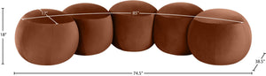 Meridian Furniture Apollo Art Deco Cognac Velvet Upholstered Bench with Sculptural Cushion Detailing 22099Cognac