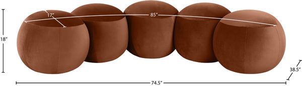 Meridian Furniture Apollo Art Deco Cognac Velvet Upholstered Bench with Sculptural Cushion Detailing 22099Cognac