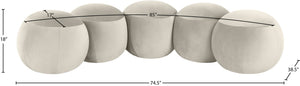 Meridian Furniture Apollo Art Deco Cream Velvet Upholstered Bench with Sculptural Circular Cushion Detail 22099Cream