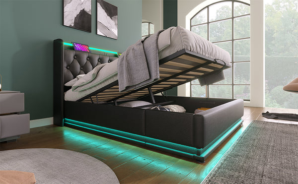 English Elm Queen Upholstered Bed with Surround LED, App/Remote Control, Hydraulic Storage, USB Type-C Charging Black N736P188807B