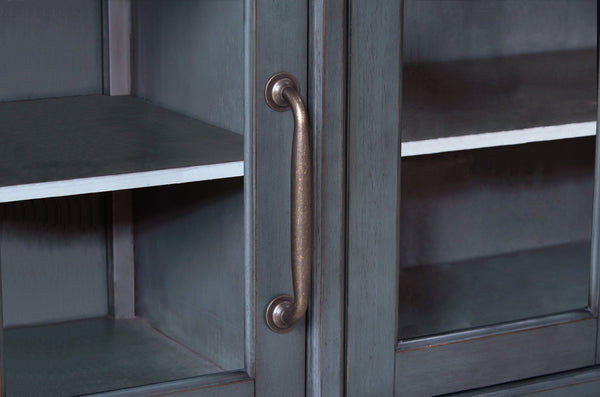 English Elm Americana Distressed Blue Buffet Cabinet with Glass Doors and Antique Pewter Hardware B108P411433