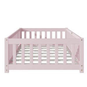 English Elm Twin Solid Rubberwood Floor Bed with Full Perimeter Safety Rails for Toddler Rooms Pink W504P296782