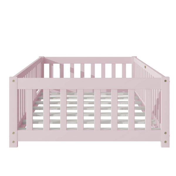 English Elm Twin Solid Rubberwood Floor Bed with Full Perimeter Safety Rails for Toddler Rooms Pink W504P296782