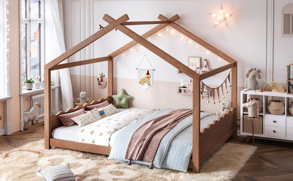 English Elm Queen House Shaped Floor Bed Solid Pine Frame Montessori Kids Bedroom No Box Spring W1580P438812