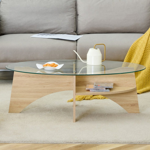 English Elm Oval Tempered Glass Coffee Table with Wood Grain Legs and Built-in Fan Tray Shelf W1151P256007