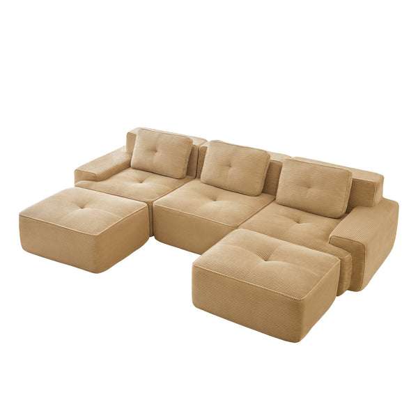 English Elm 117" Modern U-Shaped Modular Sectional Sofa With Movable Ottoman, Plush Camel Corduroy, Ergonomic Comfort W714S01469