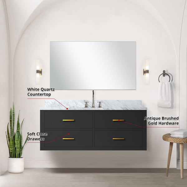 English Elm Black Single Bath Vanity 48" W x 22" D with White Quartz Top, Assembled Set w/ 43" Mirror & Chrome Faucet B2731S01996