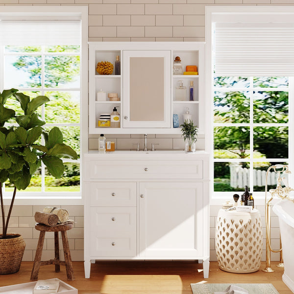 English Elm 36'' Modern Bathroom Vanity with Mirror Cabinet and Sink, Spacious Storage, Soft-Close Doors & Drawers White SW000134AAK-3