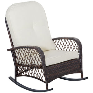 English Elm Outsunny Cream White Wicker Rocking Chair With Thick Cushion, Steel Frame, High Capacity For Outdoor Bliss W2225P200403-GIGA