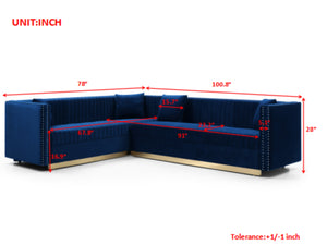 English Elm Contemporary Velvet Sectional Sofa With Elegant Channel Tufting & 4 Matching Pillows, Blue Color W1117S00054
