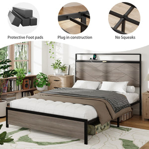 English Elm Bed Frame Full Size: Industrial-Style Wooden Platform With Led Headboard, Usb Charging & Storage W636P294910