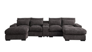 English Elm Nyeisha Flannel Velvet Sectional Sofa with Chaise Usb Ports and Built-in Console Coffee B102S00077