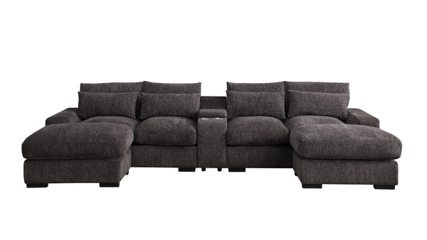 English Elm Nyeisha Flannel Velvet Sectional Sofa with Chaise Usb Ports and Built-in Console Coffee B102S00077