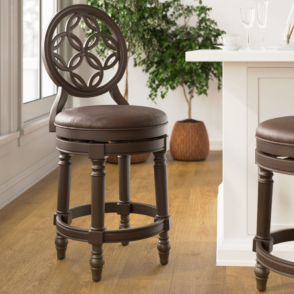 English Elm 26" Solid Wood Swivel Counterstool High Back Faux Leather Seat for Kitchen Island Walnut B2751P436476