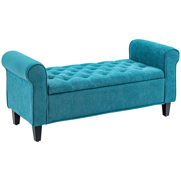 English Elm HOMCOM Tufted 50" Storage Ottoman Bench with Rolled Arms, Velvet Seat, Wooden Legs & Safety Hinge (Teal) W2225P229390