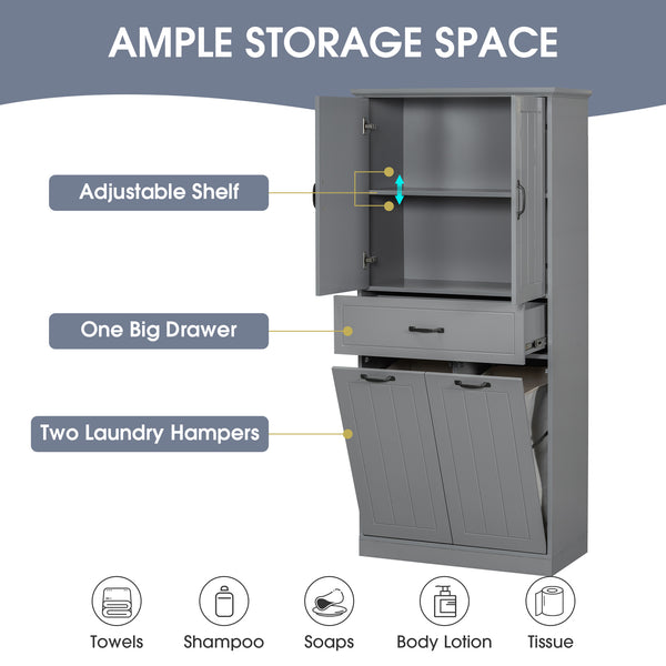 English Elm Christopher Knight Home® - Bathroom Storage Cabinet with Doors Drawer & Dual Laundry Baskets, MDF Build, Adjustable Shelf, Anti-Tip Device Grey N759P243350E