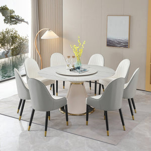 English Elm Round Sintered Stone Dining Set Sculptural Petal Base Six Pu Leather Chairs Modern W509S00182