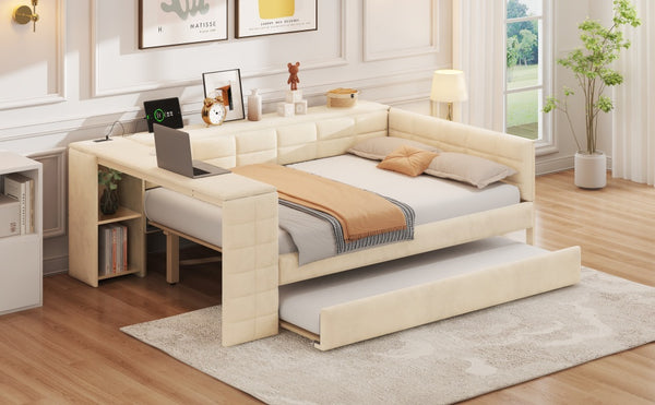 English Elm Full Size Upholstered Platform Bed With Desk, Usb Charging, Trundle & Storage Shelves In Beige Velvet N7090000604A