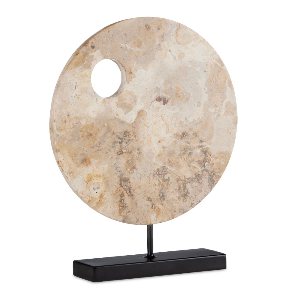 Wes Marble Disc - Unique Tan Stone Sculpture with Black Metal Base, Perfect for Contemporary Decor