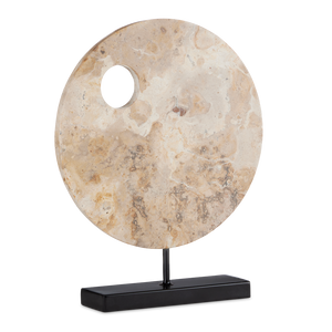 Wes Marble Disc - Unique Tan Stone Sculpture with Black Metal Base, Perfect for Contemporary Decor