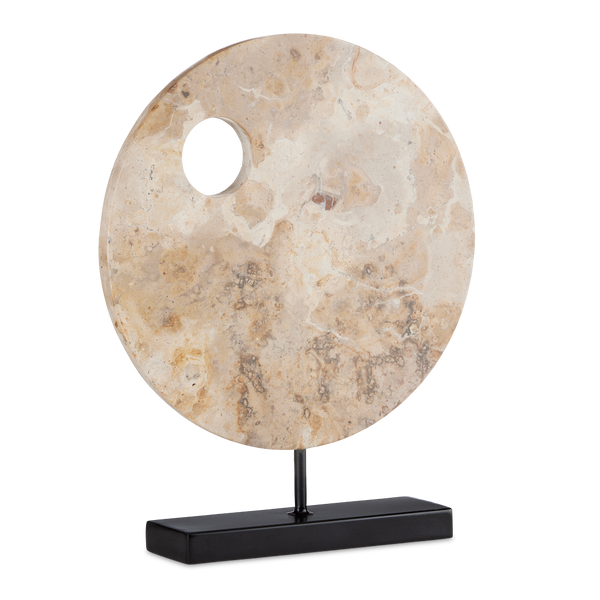 Wes Marble Disc - Unique Tan Stone Sculpture with Black Metal Base, Perfect for Contemporary Decor